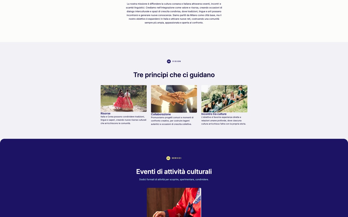 Sezioni della homepage nolja: mission, vision e servizi con alternanza chiaro/scuro