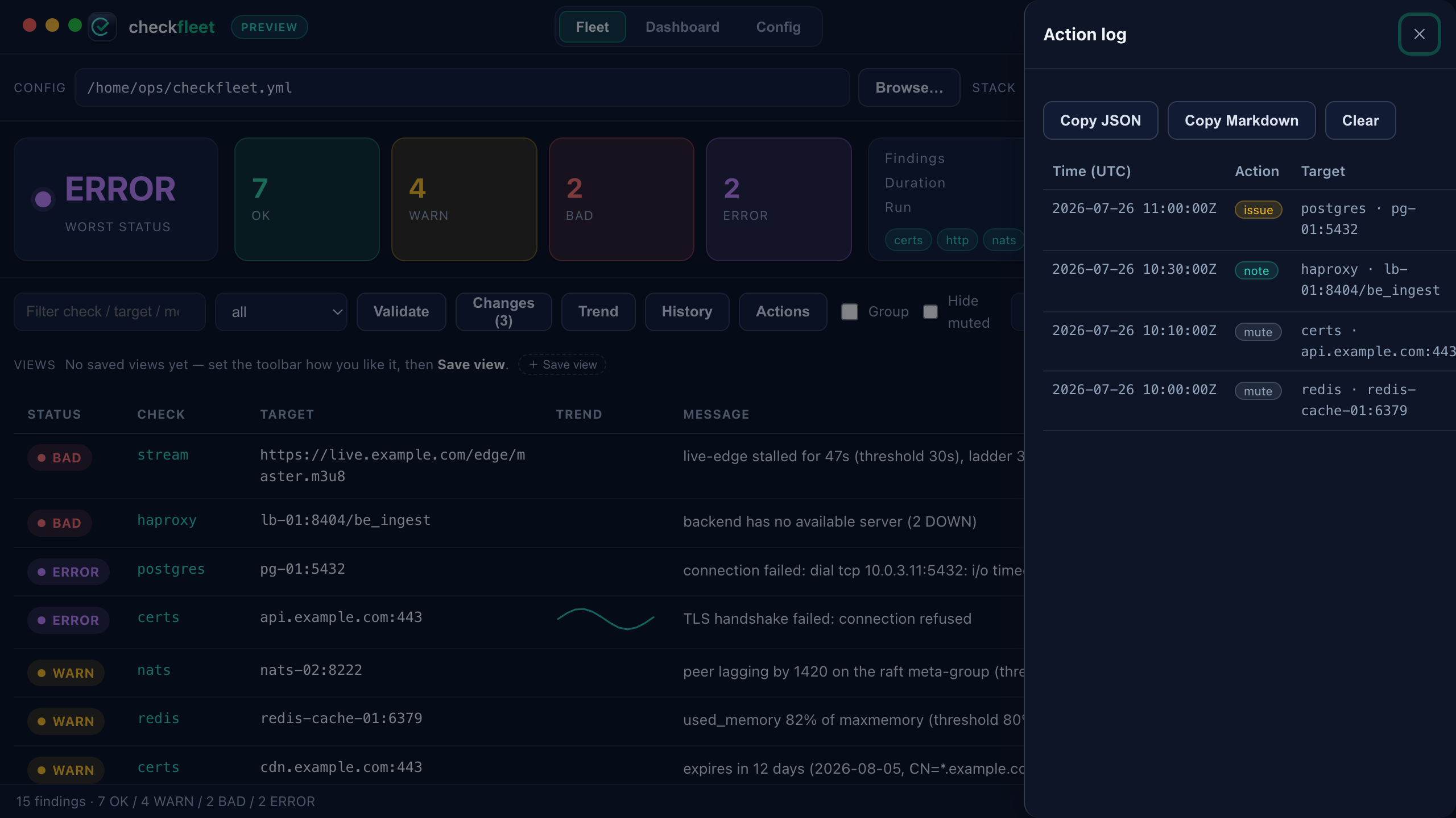 checkfleet desktop — the action log