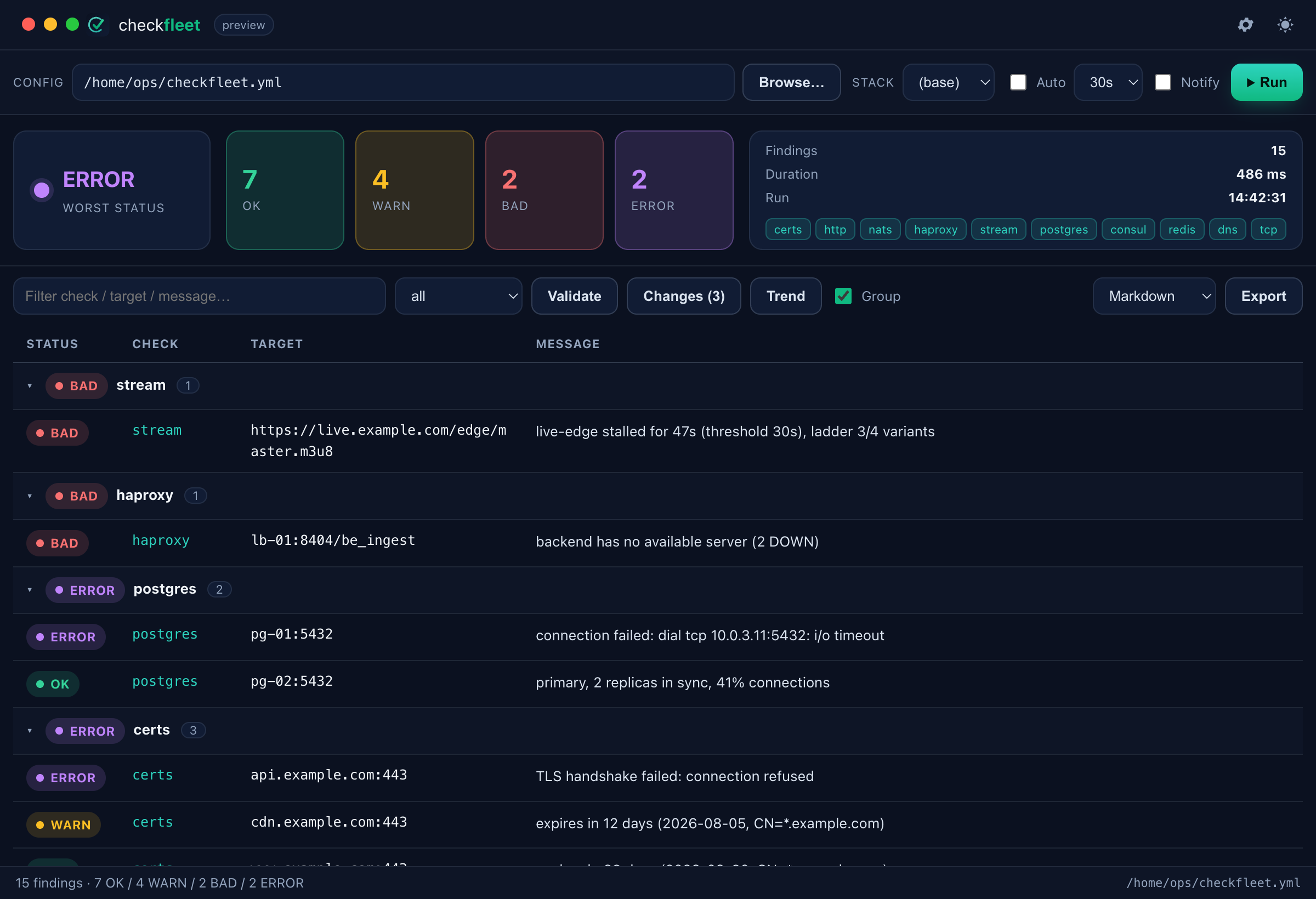 checkfleet desktop — grouped by module
