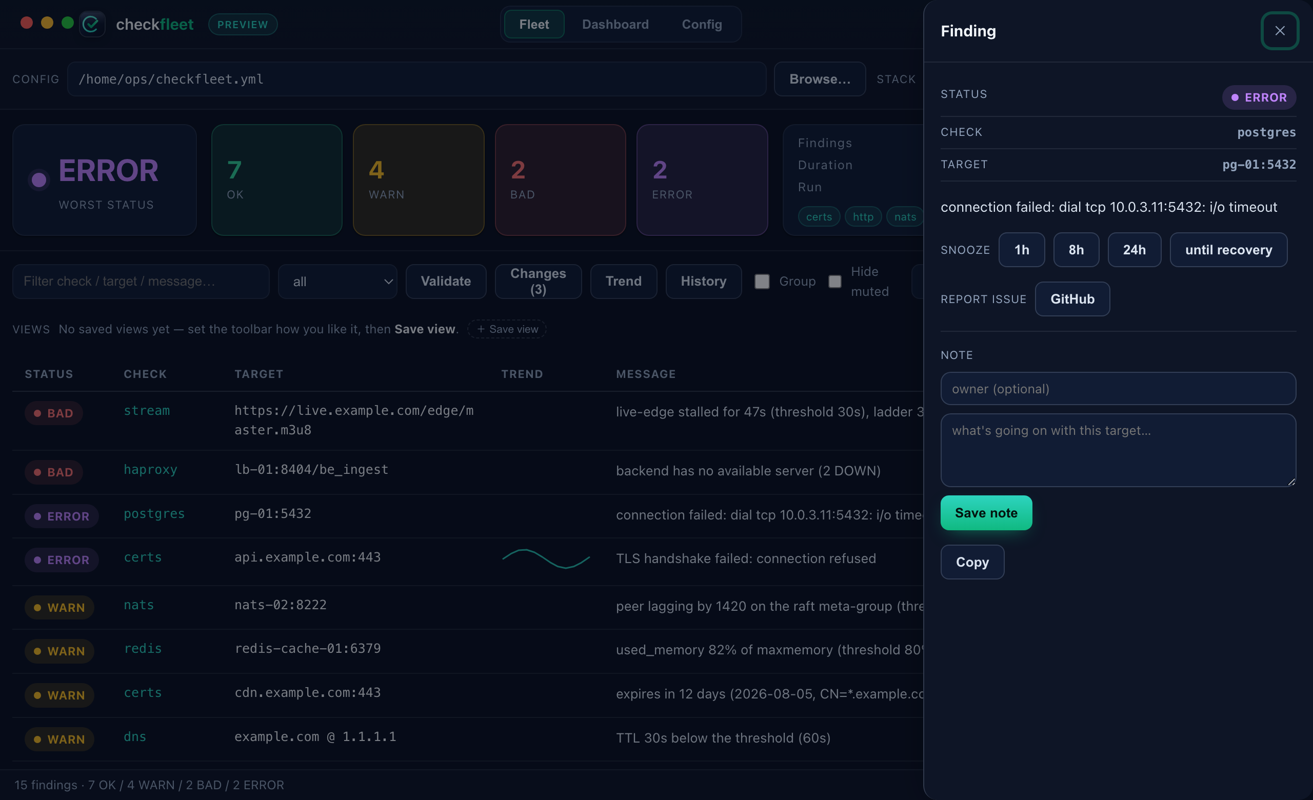 checkfleet desktop — report a finding as a GitHub/GitLab issue