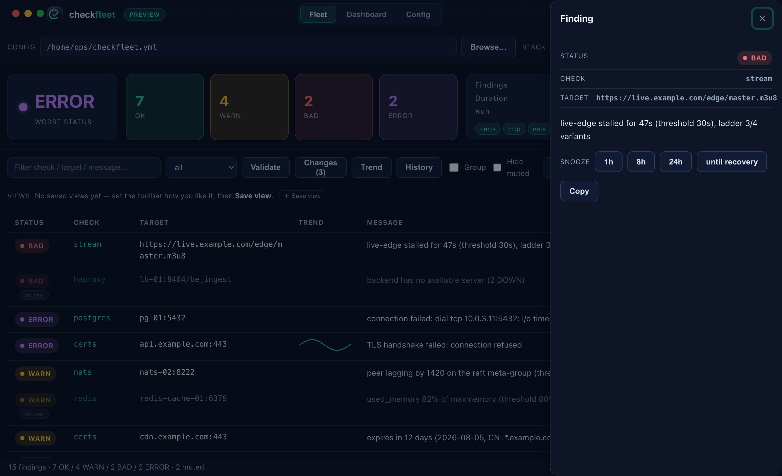 checkfleet desktop — muted findings and snooze controls
